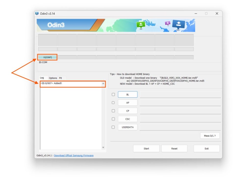 تعرُّف أداة الأودين على هاتف سامسونج عنده توصيله بكابل USB